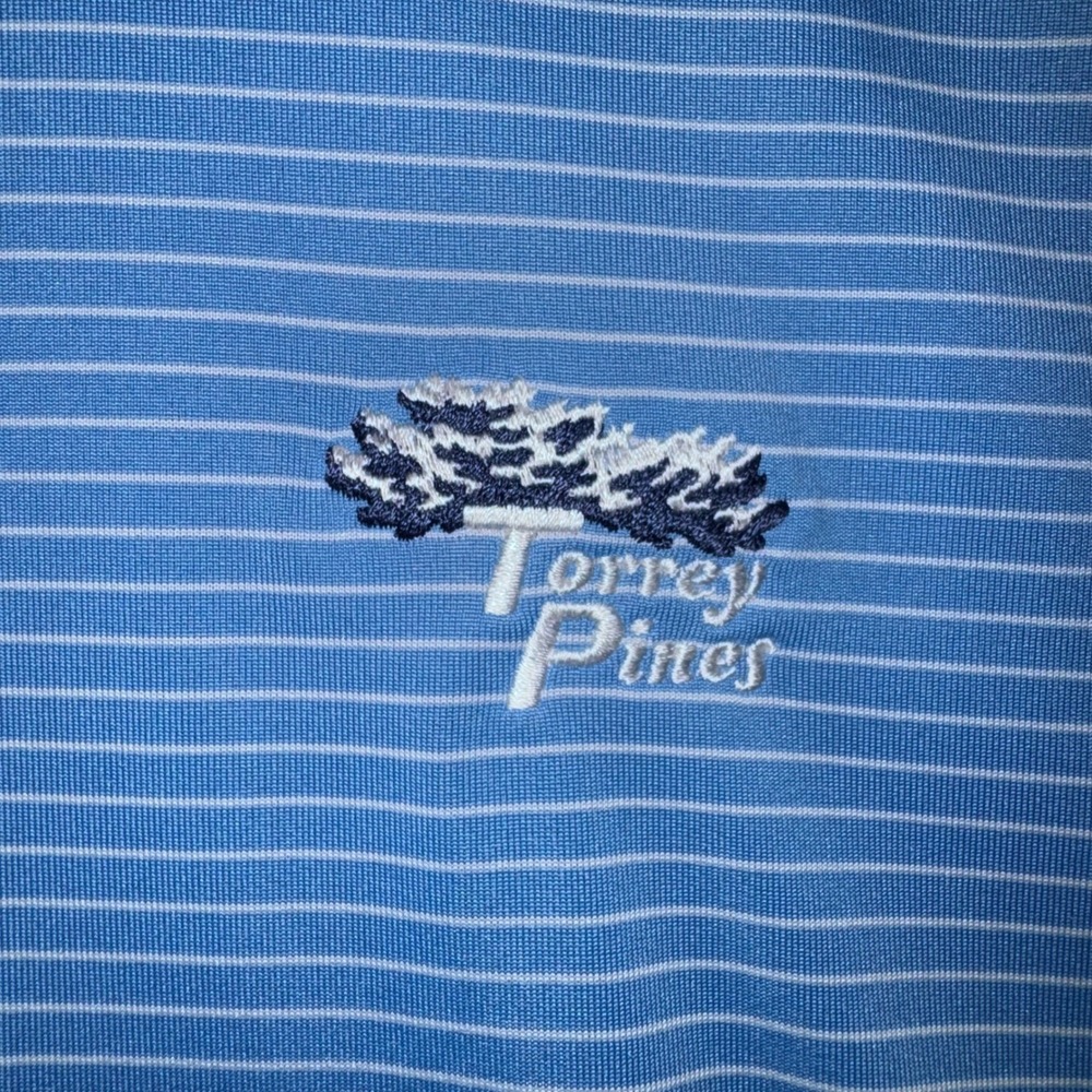 Men's Medium Adidas Golf Polo Light Blue Torrey Pines Striped Performance Shirt - Picture 2 of 7